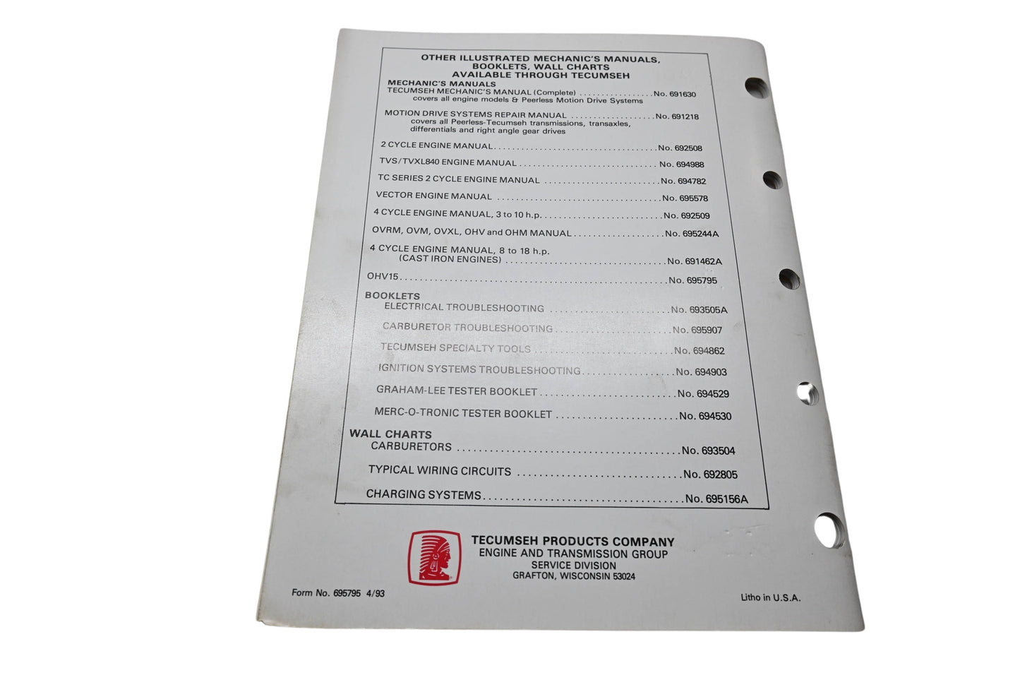 OEM Tecumseh 695795 Mechanic's Handbook OHV15