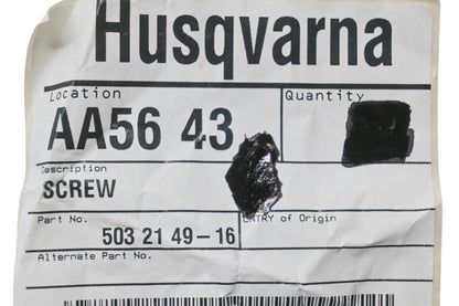New OEM Husqvarna 503 21 49-16, 503214916 Screw NOS