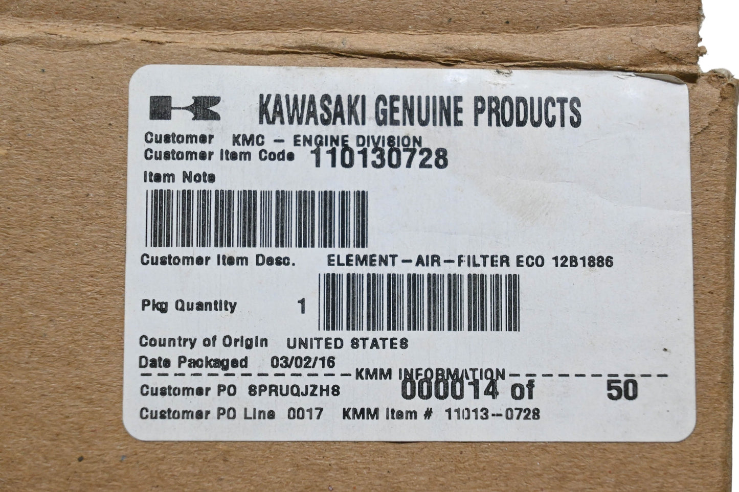 New OEM Kawasaki 110130728 Air Filter Element NOS