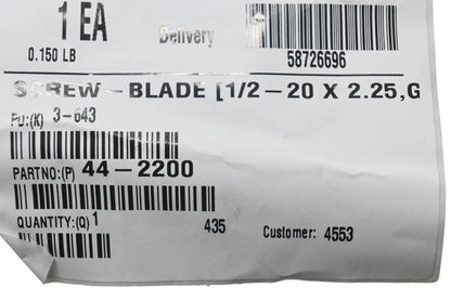 Toro 44-2200 Blade Screw NOS