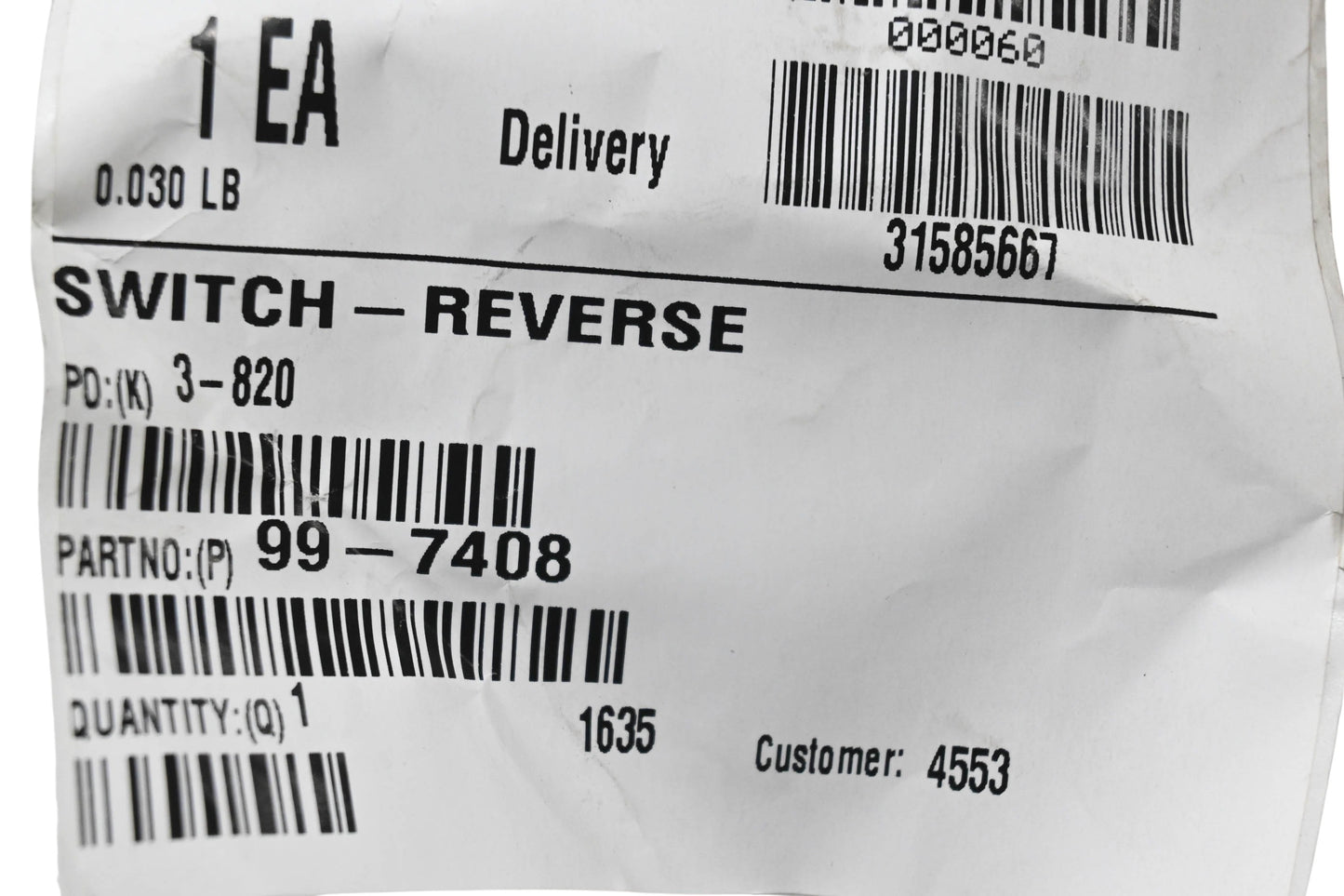 Toro 99-7408 Reverse Switch NOS