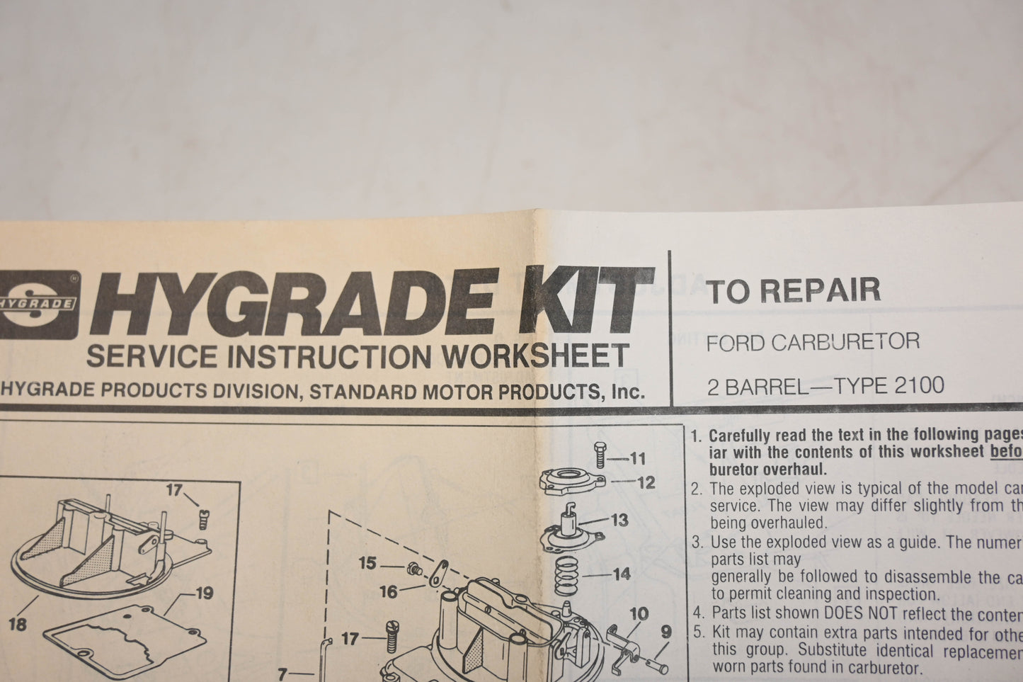 Hygrade 586 Ford 2-Barrel Type 2100 Carburetor Repair Kit NOS