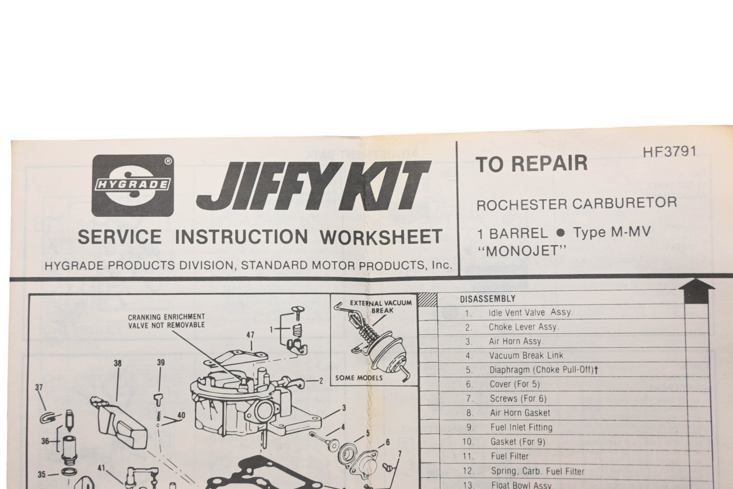 Hygrade 501 Rochester 1-Barrel Type M-MV Carburetor Repair Kit NOS