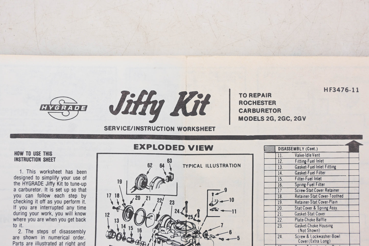 Hygrade 503A Rochester 2G 2G2 2GV Carburetor Repair Kit NOS