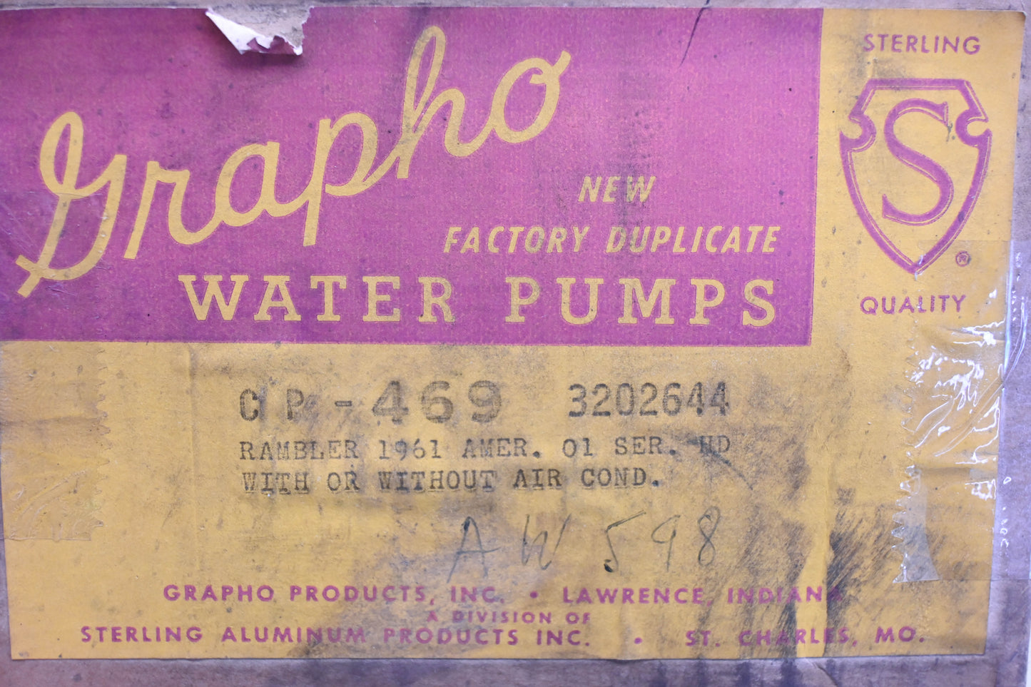 Grapho CP-469, 3202644, 1681 Water Pump Assembly NOS