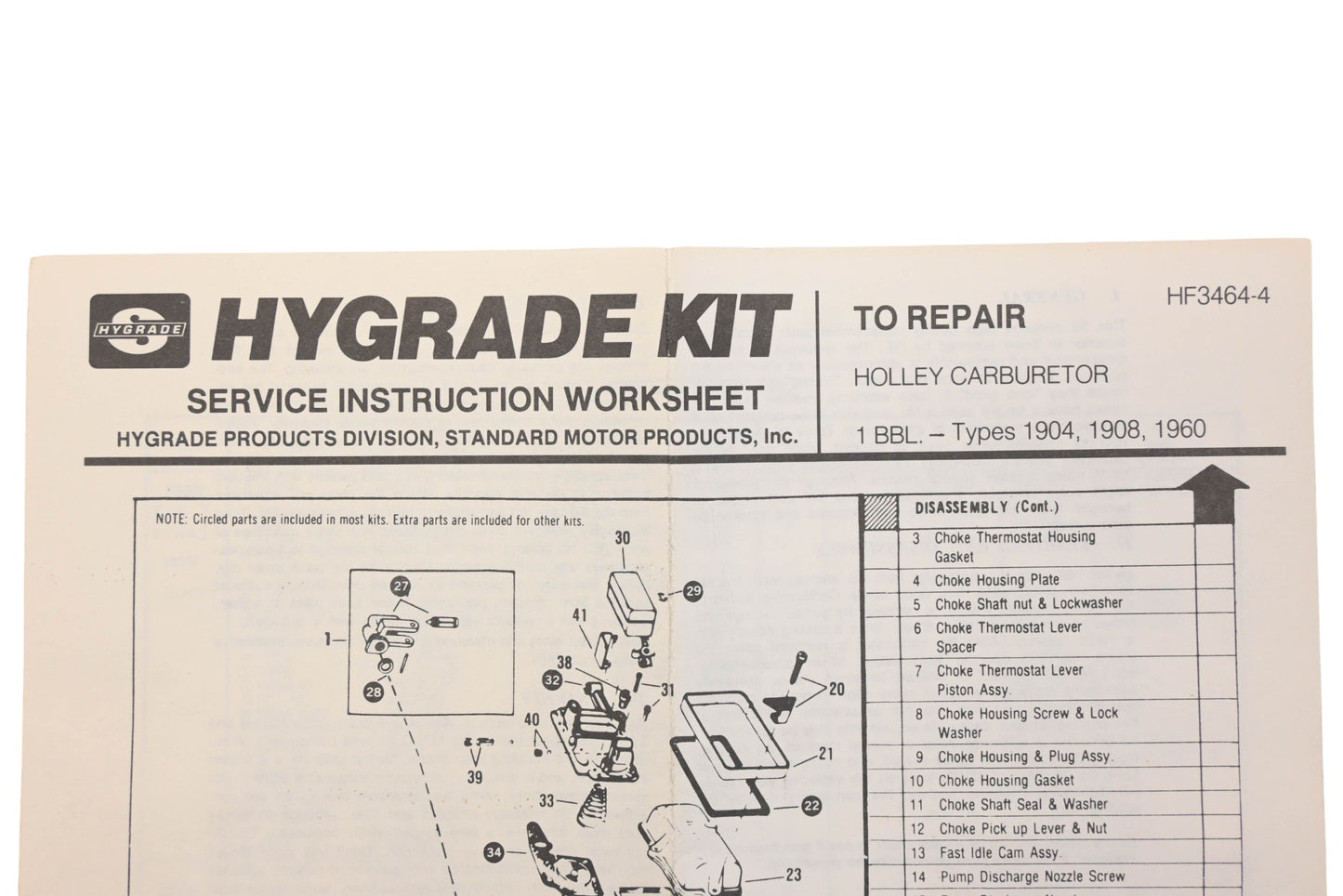 Hygrade 252C Holley 1-Barrel Carburetor Repair Kit NOS