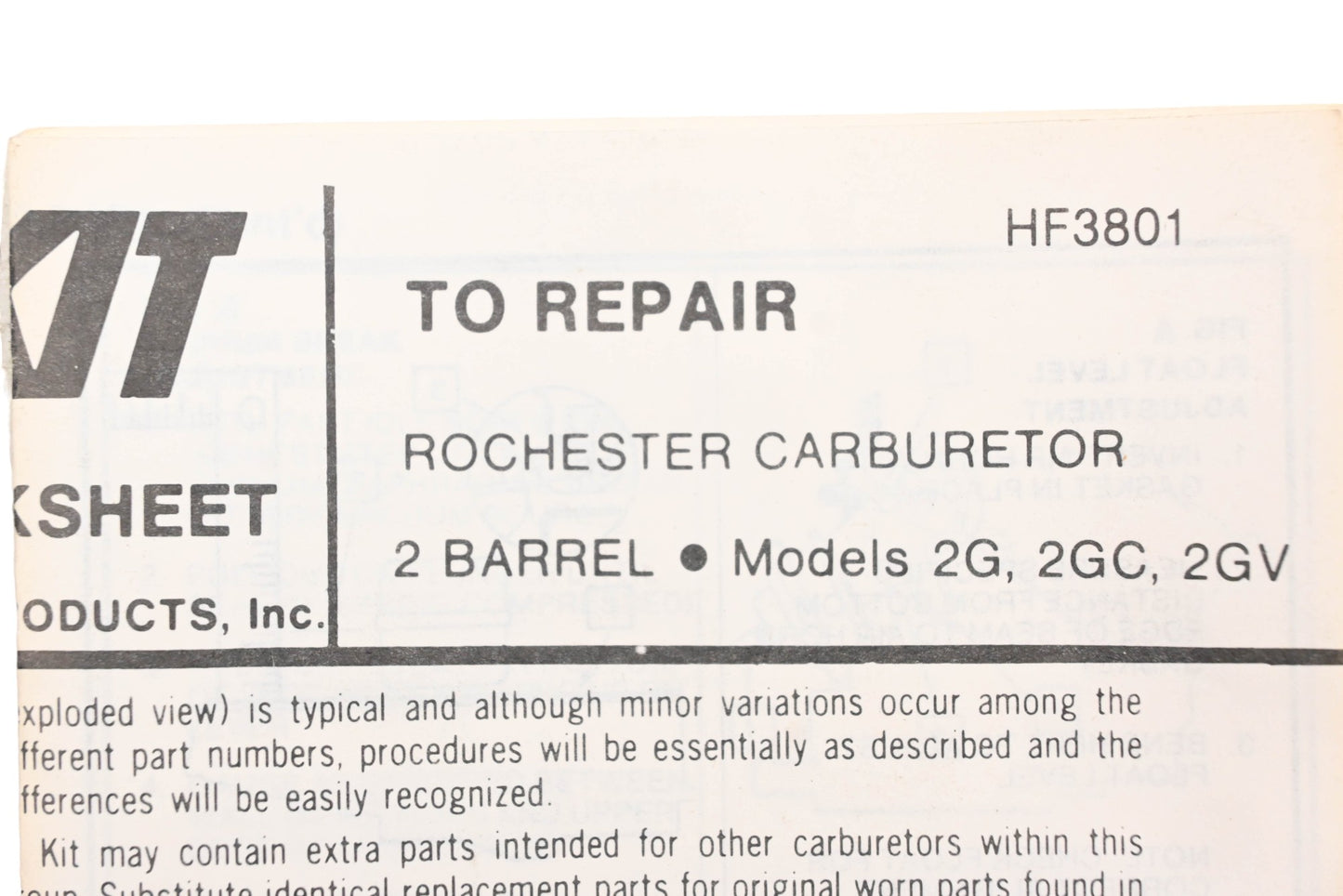 Hygrade 531A Rochester 2-Barrel 2G 2GC 2GV Carburetor Repair Kit NOS