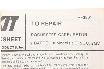 Hygrade 531A Rochester 2-Barrel 2G 2GC 2GV Carburetor Repair Kit NOS