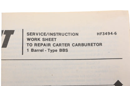 Hygrade 292B Carter 1-Barrel Type BBS Carburetor Repair Kit NOS