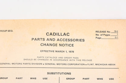 Cadillac RR001-31 March 1978 Parts & Accessories Numerical Price List Catalog