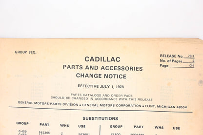 Cadillac RR001-33 July 1978 Parts & Accessories Numerical Price List Catalog