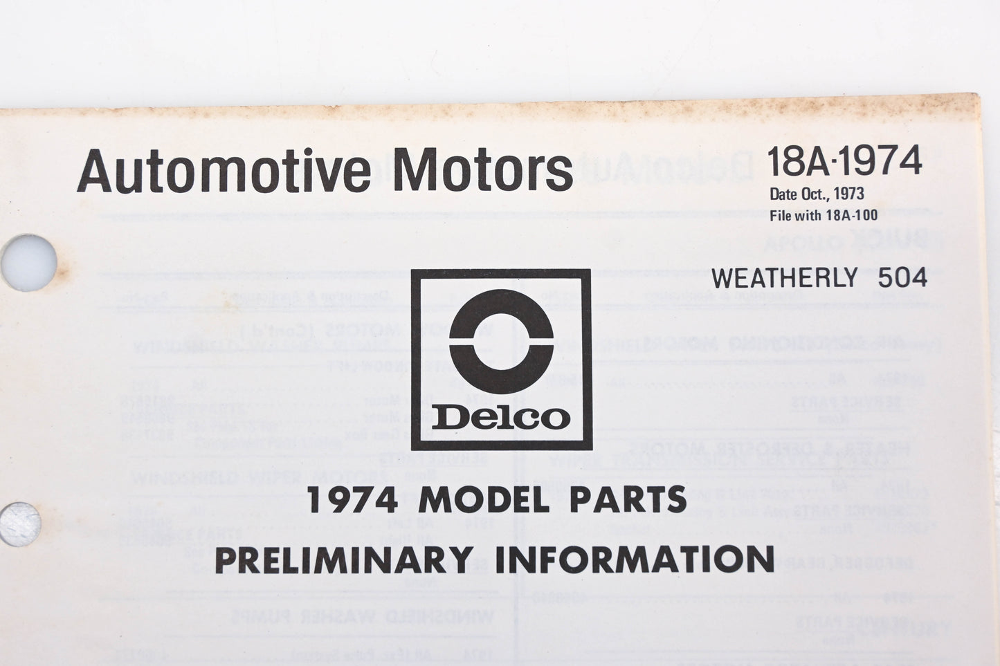 Delco 18A-1974 1974 Model Parts Preliminary Information Catalog