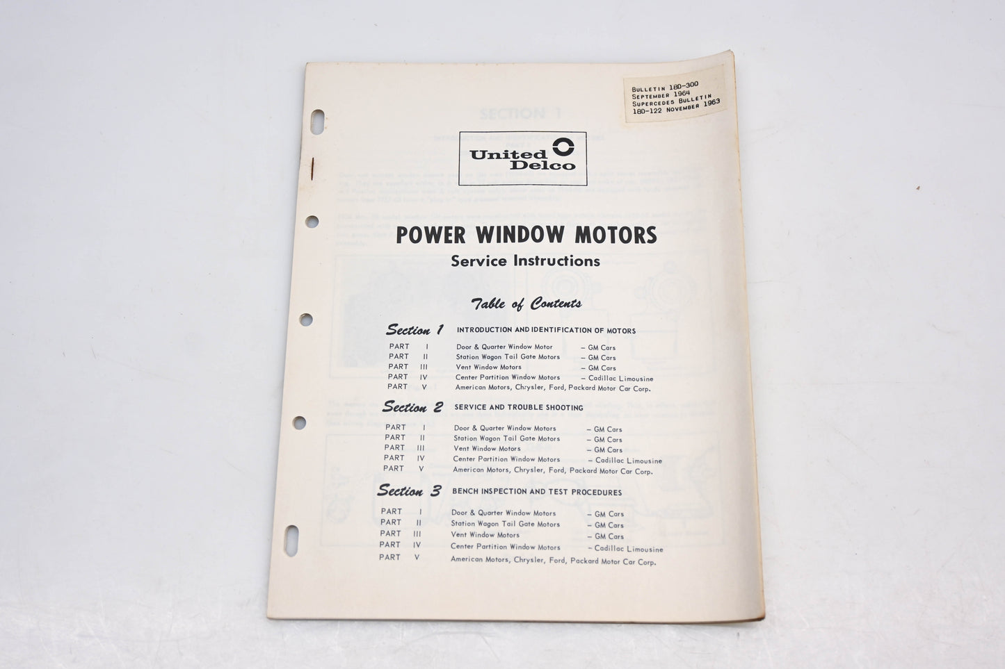 Delco 18D-300 September 1964 Power Windows Motors Service Bulletin