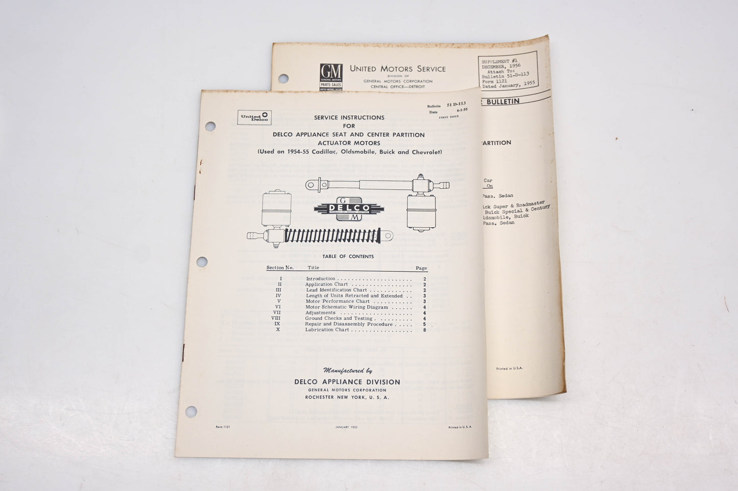 Delco 51-D-113 1954-55 Appliance Seat & Center Partition Actuator Motors Service Bulletin & Supplement