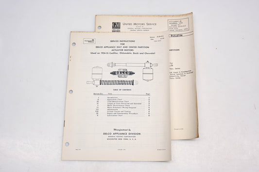 Delco 51-D-113 1954-55 Appliance Seat & Center Partition Actuator Motors Service Bulletin & Supplement