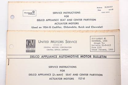 Delco 51-D-113 1954-55 Appliance Seat & Center Partition Actuator Motors Service Bulletin & Supplement