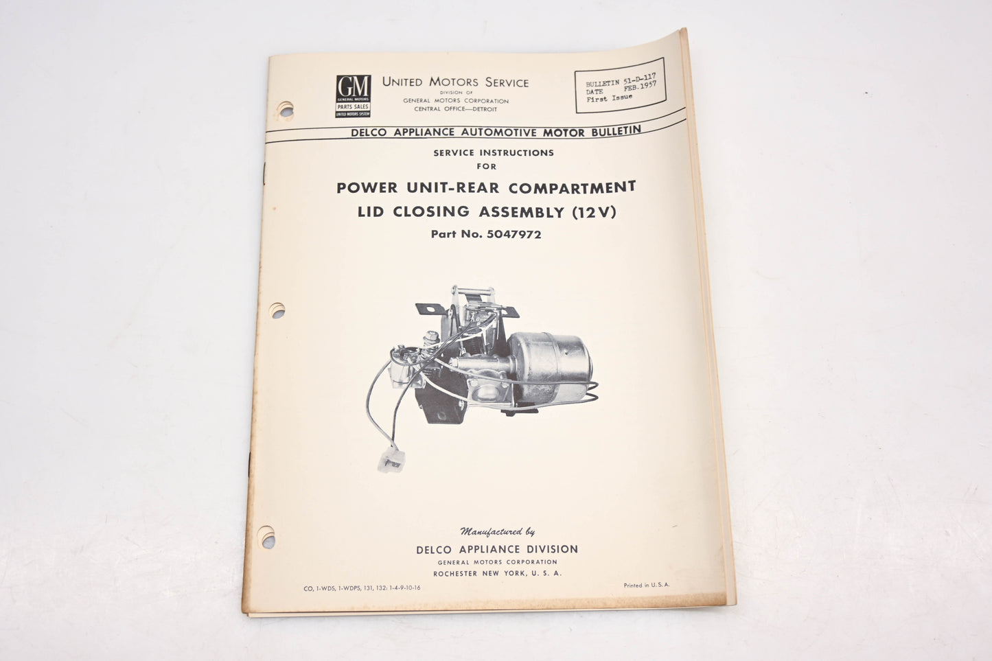 Delco 51-D-117 February 1957 Power Unit Rear Compartment Lid Closing Assembly Service Instructions
