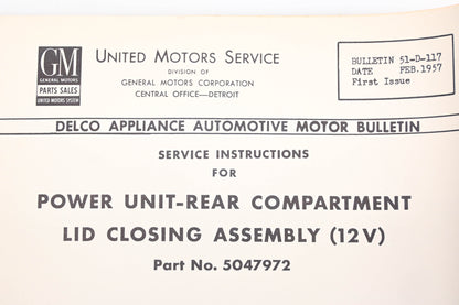 Delco 51-D-117 February 1957 Power Unit Rear Compartment Lid Closing Assembly Service Instructions