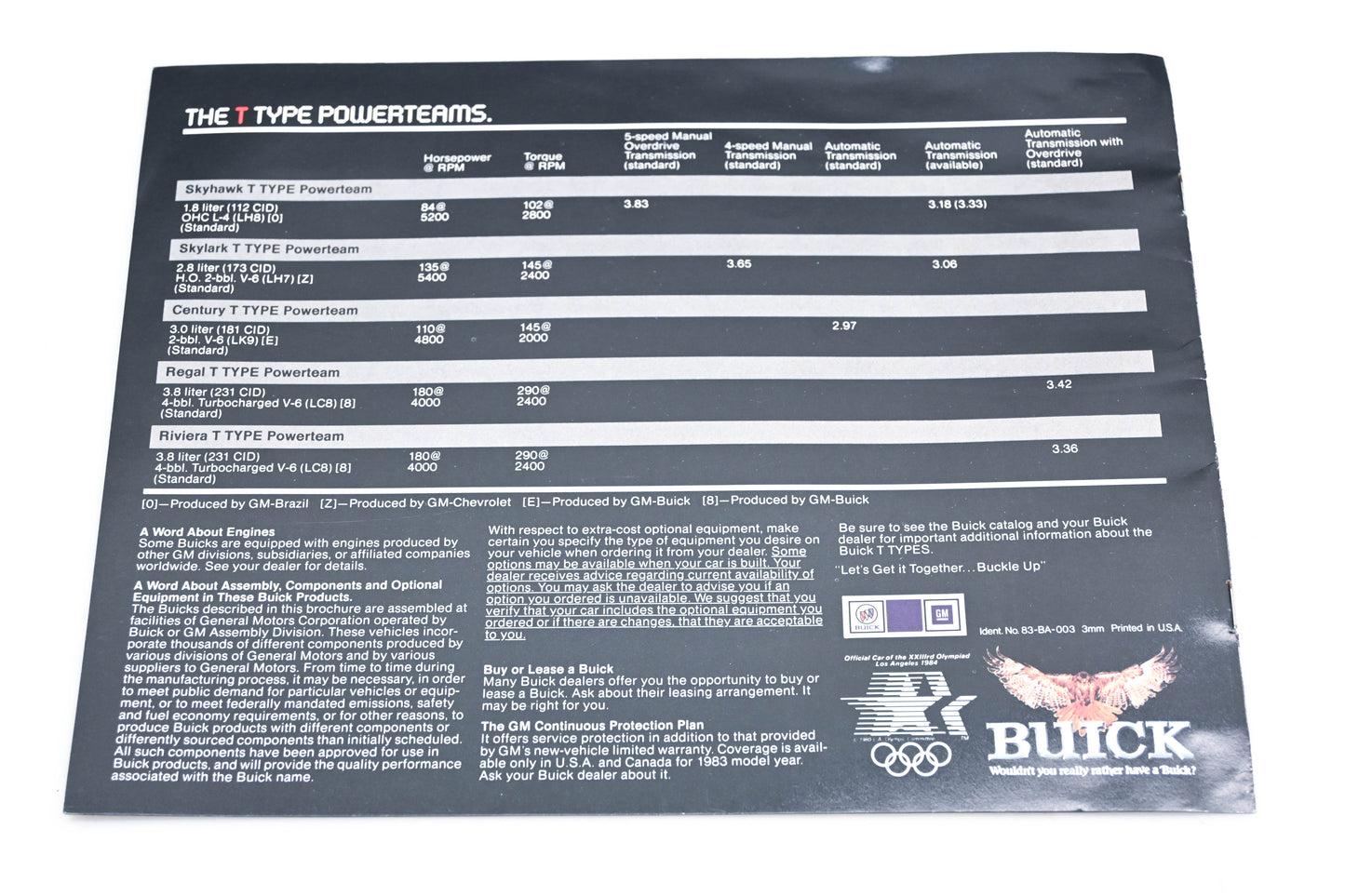 General Motors 83-BA-003 1983 Buick T Type Sale Brochure