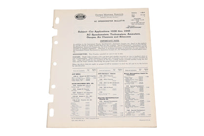 General Motors 3 B-9, 3B-9 1949-1948 AC Speedometer Car Applications Bulletin