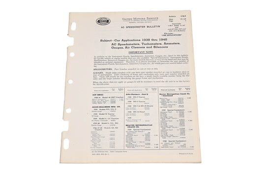 General Motors 3 B-9, 3B-9 1949-1948 AC Speedometer Car Applications Bulletin