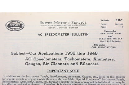 General Motors 3 B-9, 3B-9 1949-1948 AC Speedometer Car Applications Bulletin