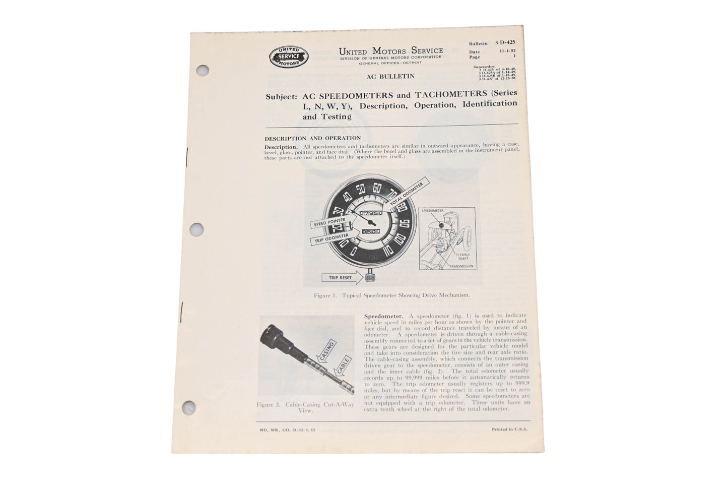General Motors 3 D-425, 3D-425 AC Speedometers Tachometers Series L,N,W,Y AC Bulletin