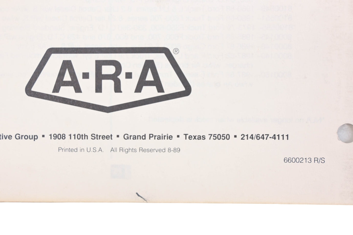 ARA 6600213 R/S, 6600213R/S Rear Van Air Conditioning Units & Special Application Systems Catalog
