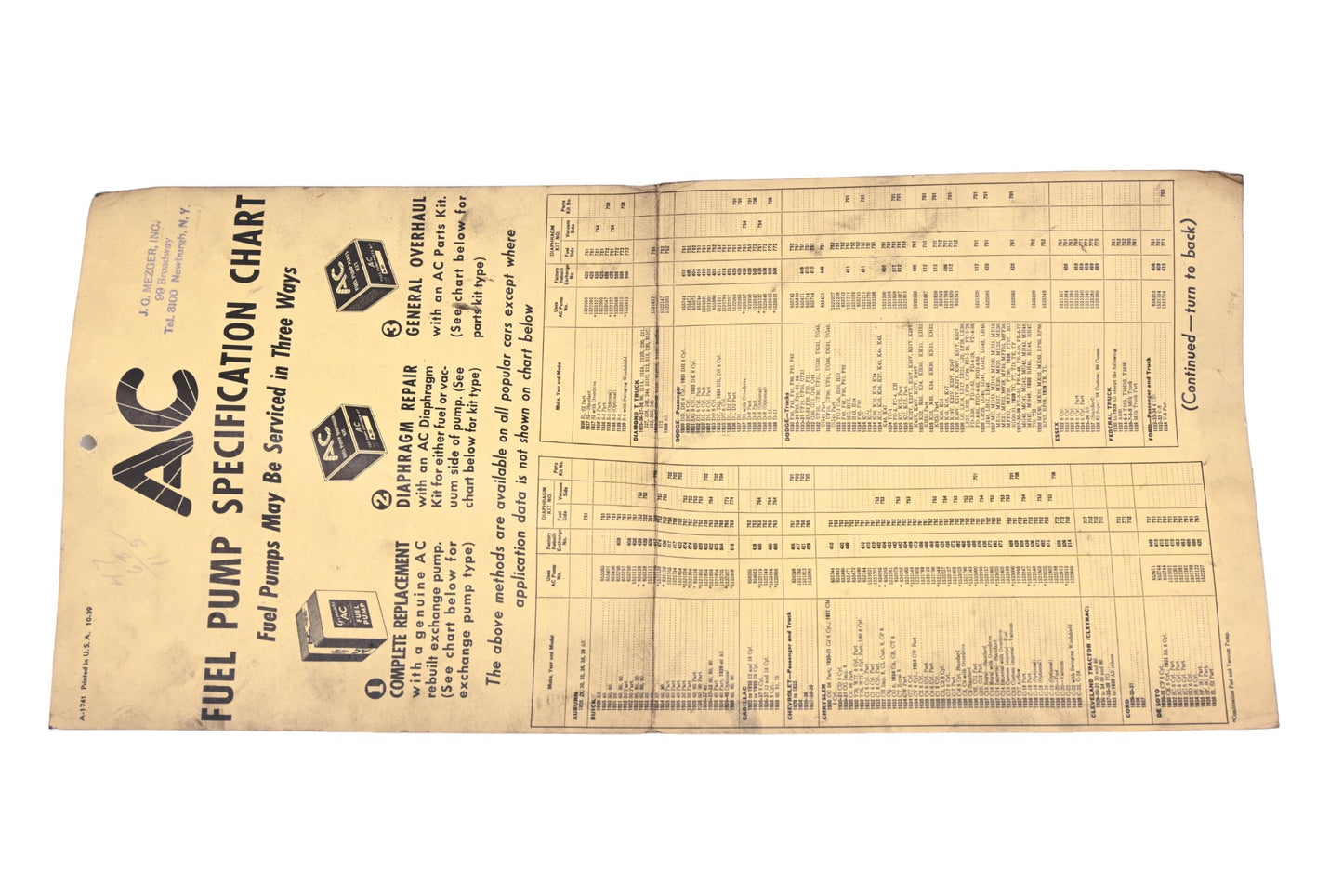 AC A-1741 Fuel Pump Specification Chart