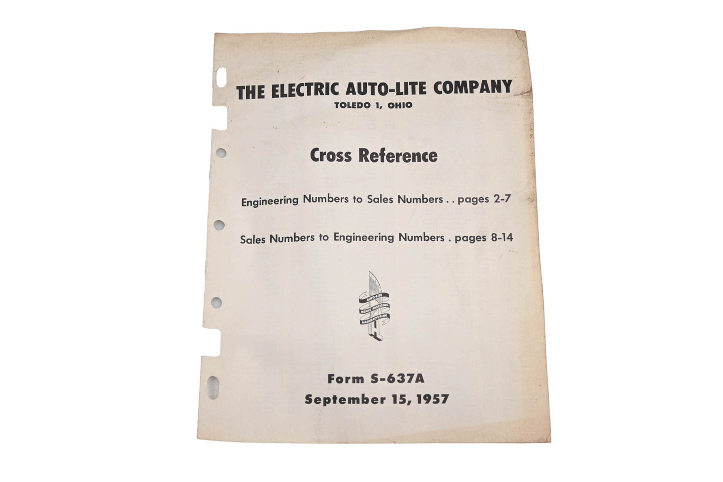 Electric Auto-Lite Comapany S-637A 1957 Cross Reference Parts List Catalog
