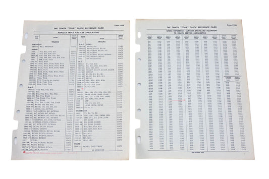 Bendix 5225, 5226 Zenith Caruretor "Four" Quick Reference Cards