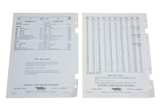 Bendix 5225, 5226 Zenith Caruretor "Four" Quick Reference Cards