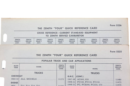 Bendix 5225, 5226 Zenith Caruretor "Four" Quick Reference Cards