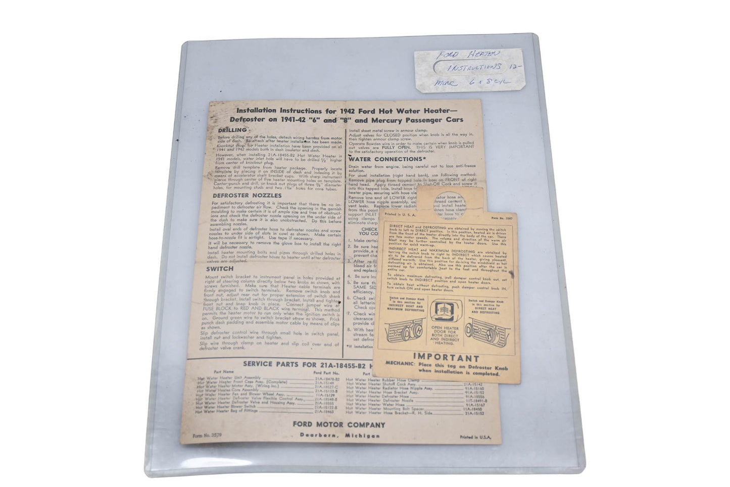 OEM Ford 3579 1942 Mercury Hot Water Heater/Defroster Installation Instruction