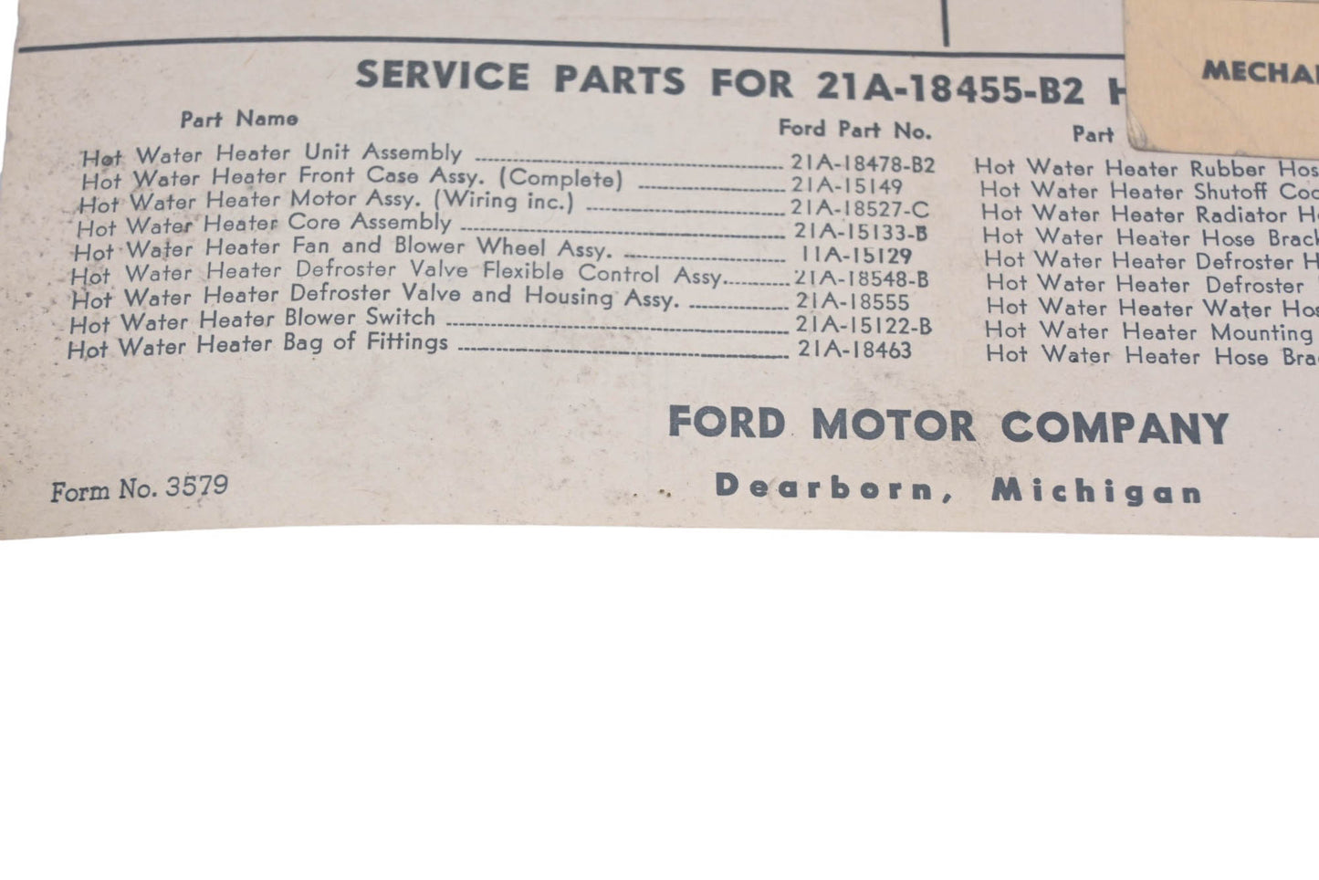 OEM Ford 3579 1942 Mercury Hot Water Heater/Defroster Installation Instruction