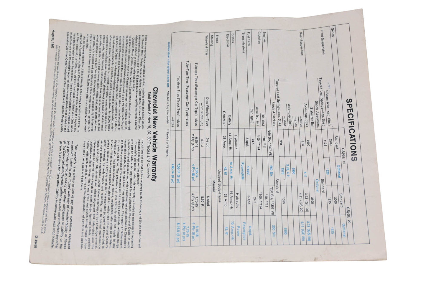 Chevrolet D-49476 1968 Sportvan Specifications Sales Brochure