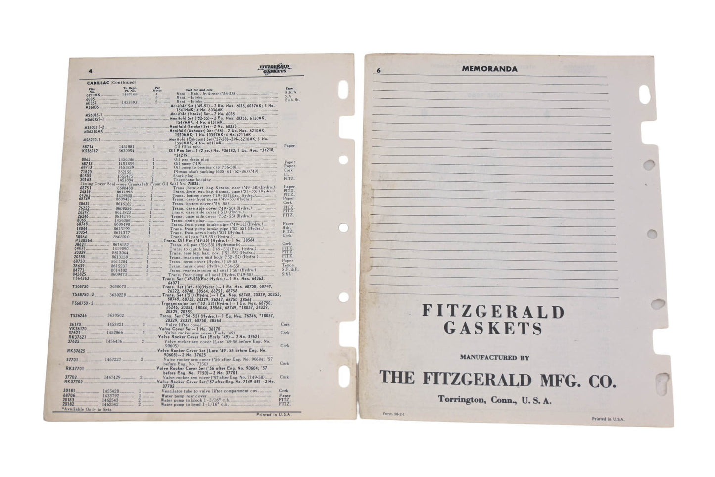 Fitzgerald 58-2, 58-2A Cadillac Replacement Gaskets Catalog