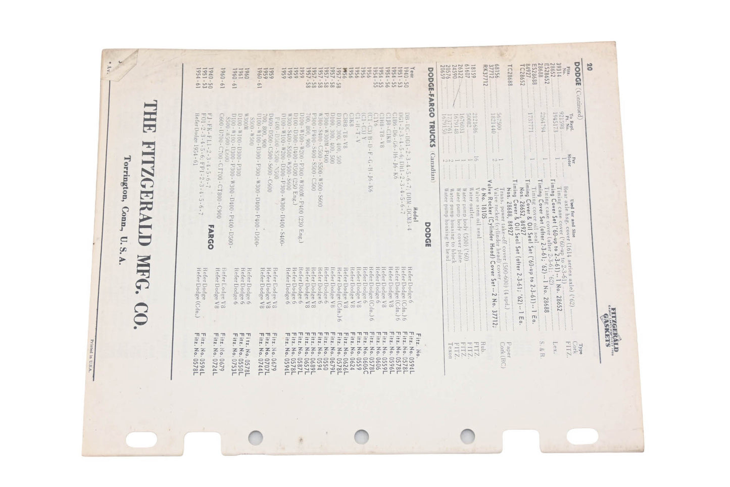 Fitzgerald 62-8T Dodge Truck Replacement Gaskets Catalog