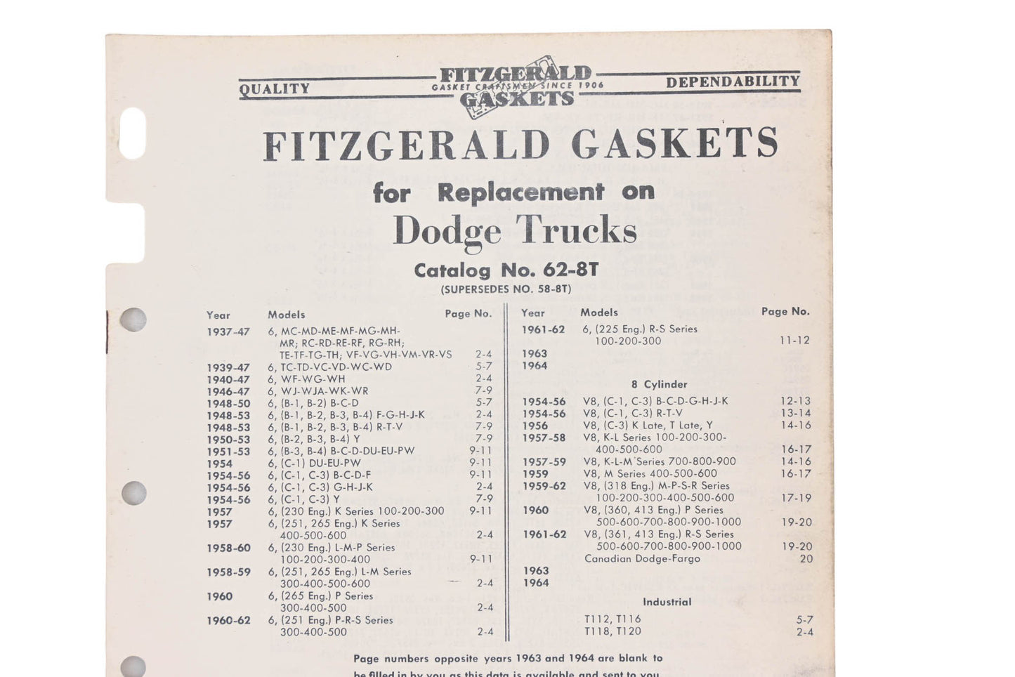 Fitzgerald 62-8T Dodge Truck Replacement Gaskets Catalog