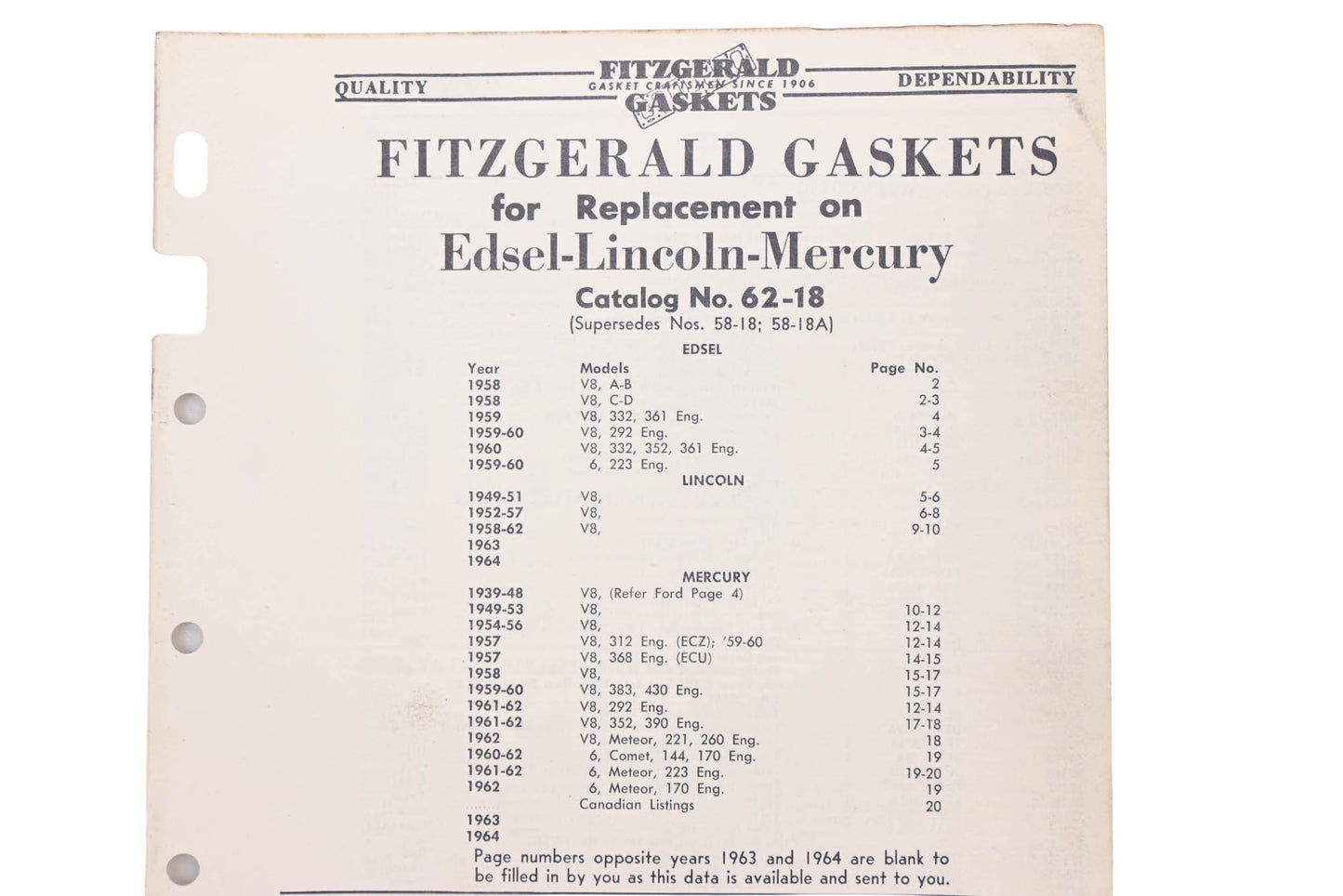Fitzgerald 62-18 Edsel Lincoln Mercury Replacement Gaskets Catalog