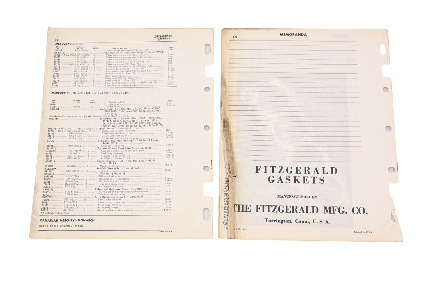 Fitzgerald 58-18, 58-18A Edsel Lincoln Mercury Replacement Gaskets Catalog