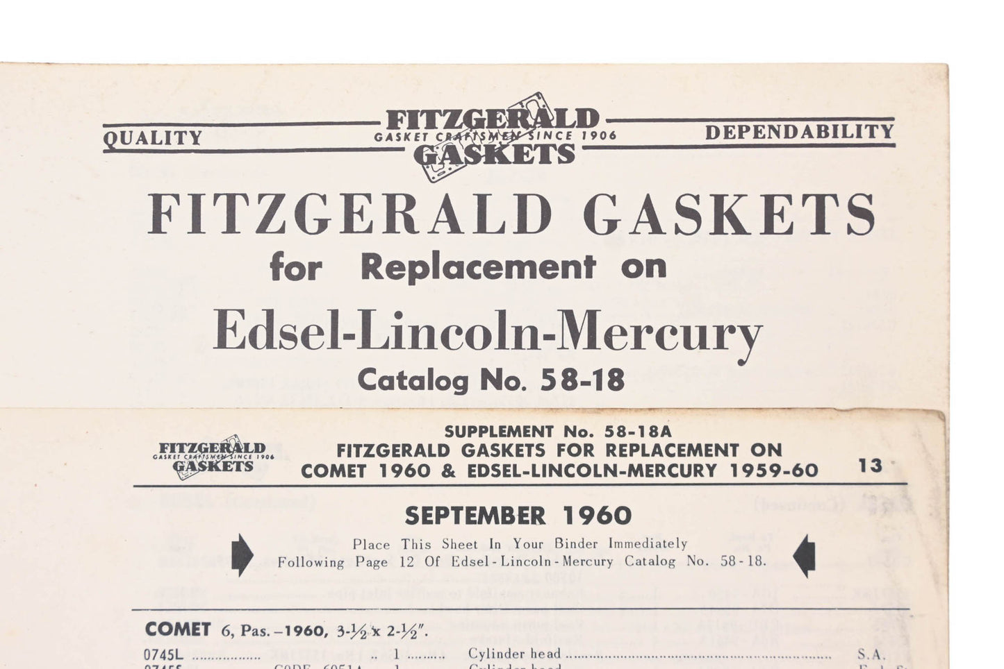 Fitzgerald 58-18, 58-18A Edsel Lincoln Mercury Replacement Gaskets Catalog