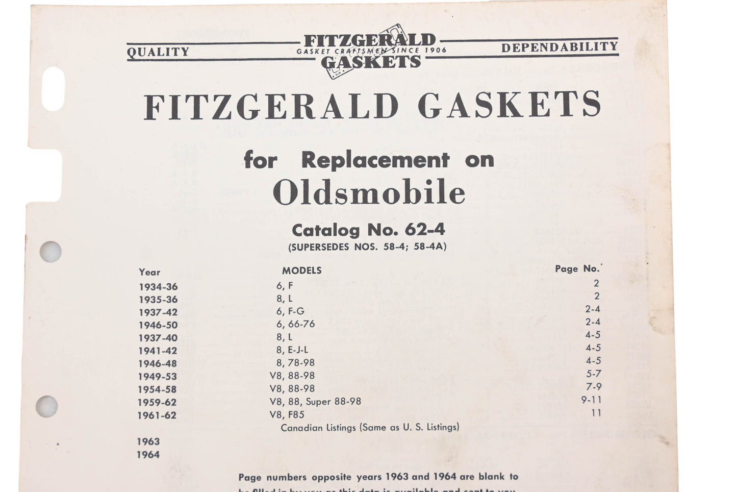 Fitzgerald 62-4 Oldsmobile Replacement Gaskets Catalog