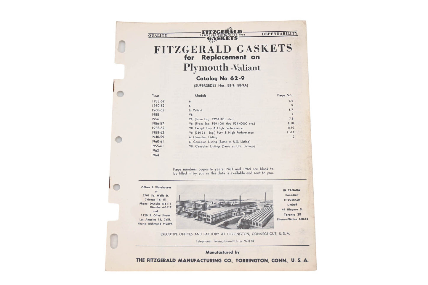 Fitzgerald 62-9 Plymouth Valiant Replacement Gaskets Catalog