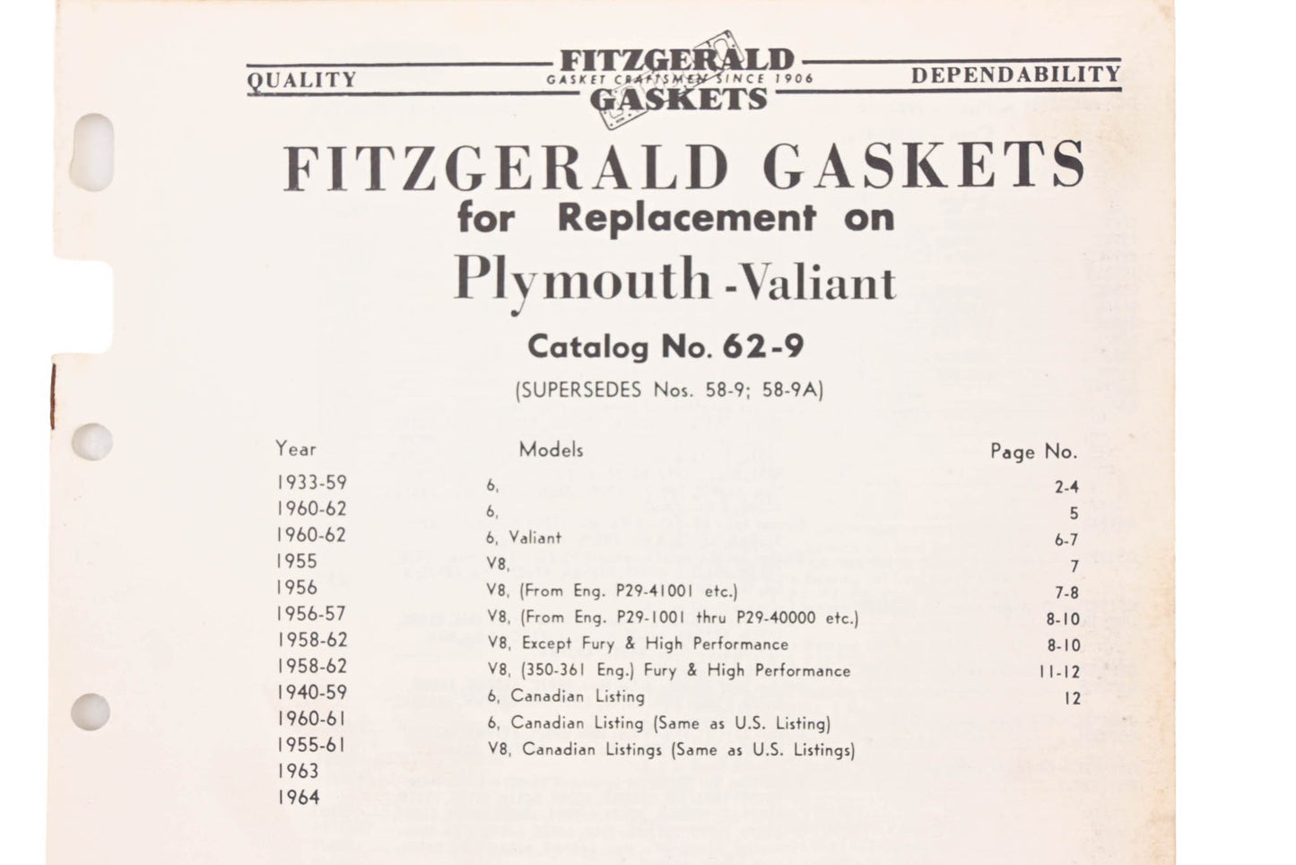 Fitzgerald 62-9 Plymouth Valiant Replacement Gaskets Catalog