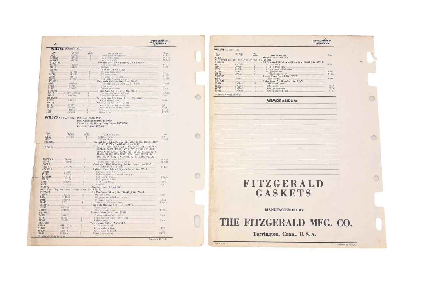 Fitzgerald 60-17, 55-17A Willys Replacement Gaskets Catalog