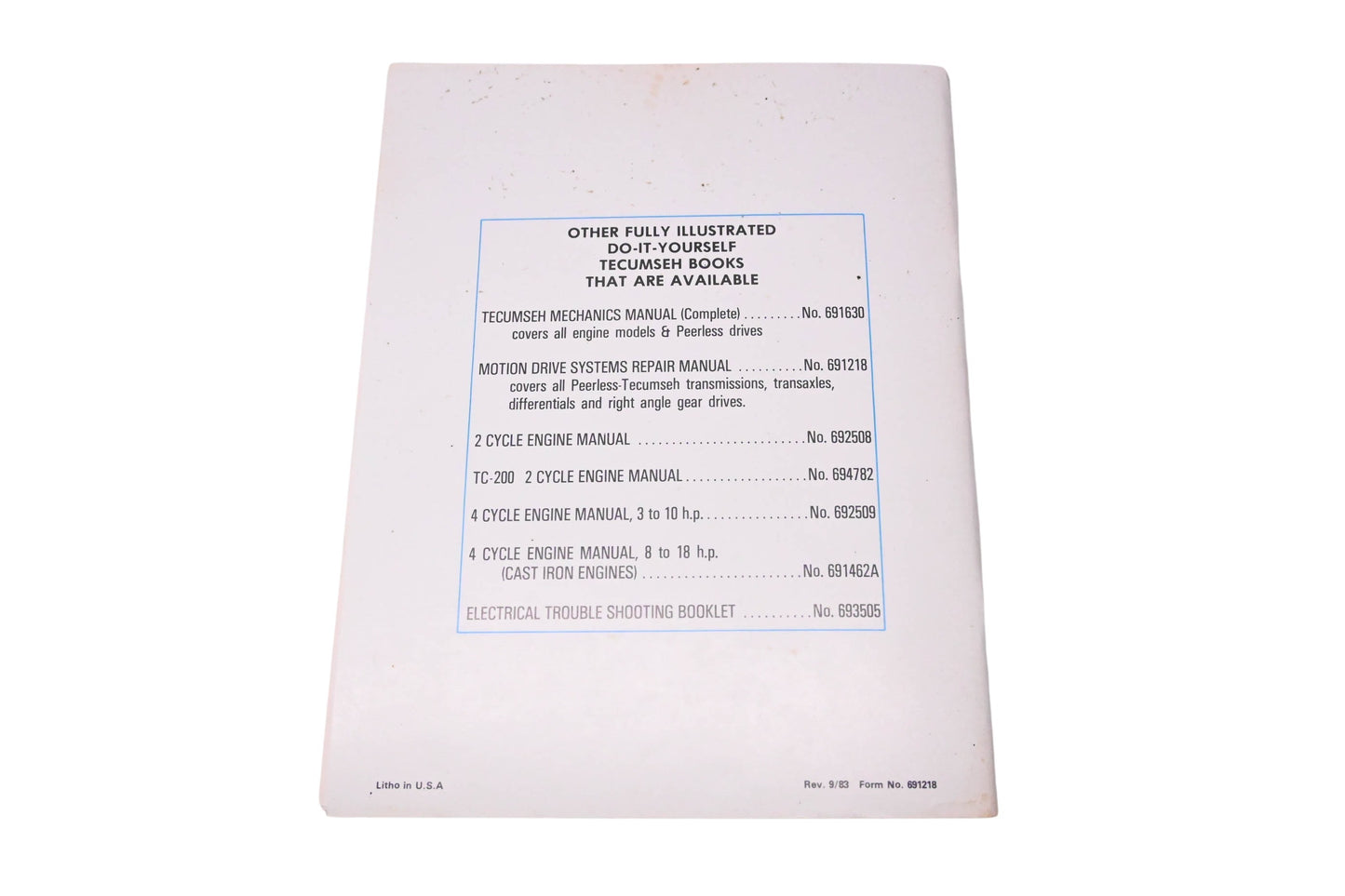 New OEM Tecumseh 730458 Tecumseh Peerless Motion Drive Systems Mechanics Handbook NOS