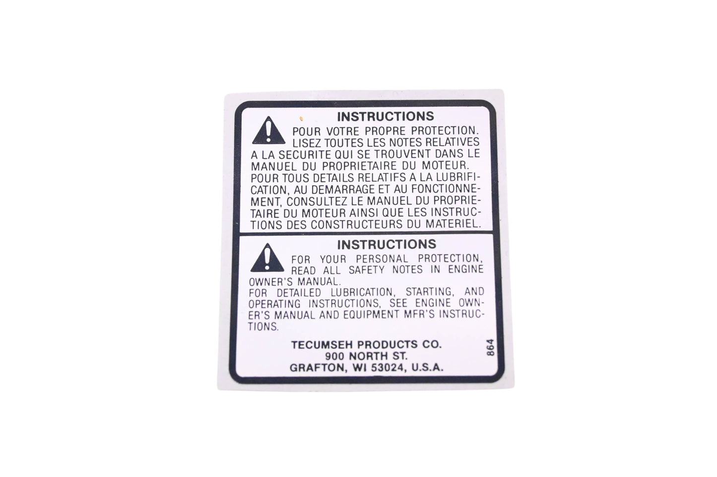 New OEM Tecumseh 34416 Instruction Decal NOS
