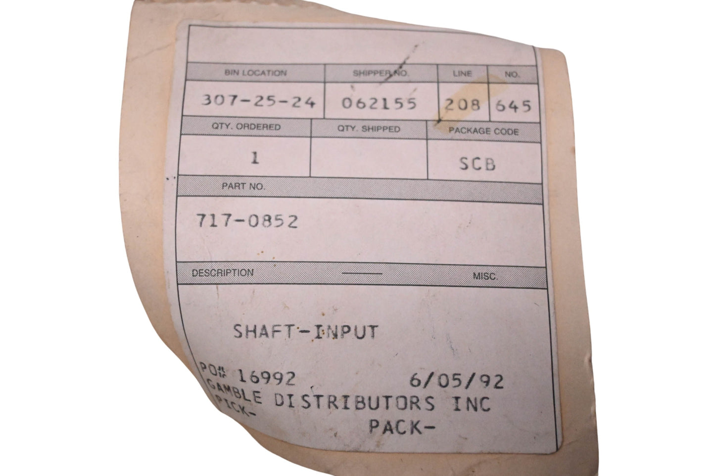 MTD 717-0852 Input Spline Shaft NOS