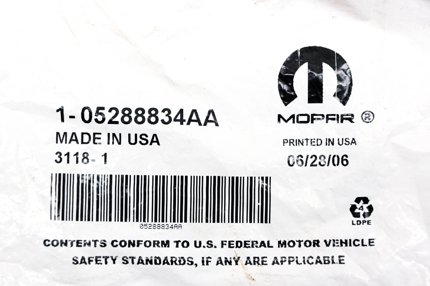 Mopar 05288834AA, 5288834AA Fog Lamp Bumper Plug NOS